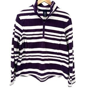 Lands End Sweater Womens Petite Large PL Fleece Purple White Striped 1/2 Zip